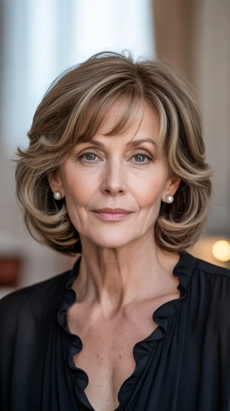 Hairstyles and Hair Colors for Women Over 50: Winter 2025–2026 - Feathered Bob With Tea-Leaf Highlights