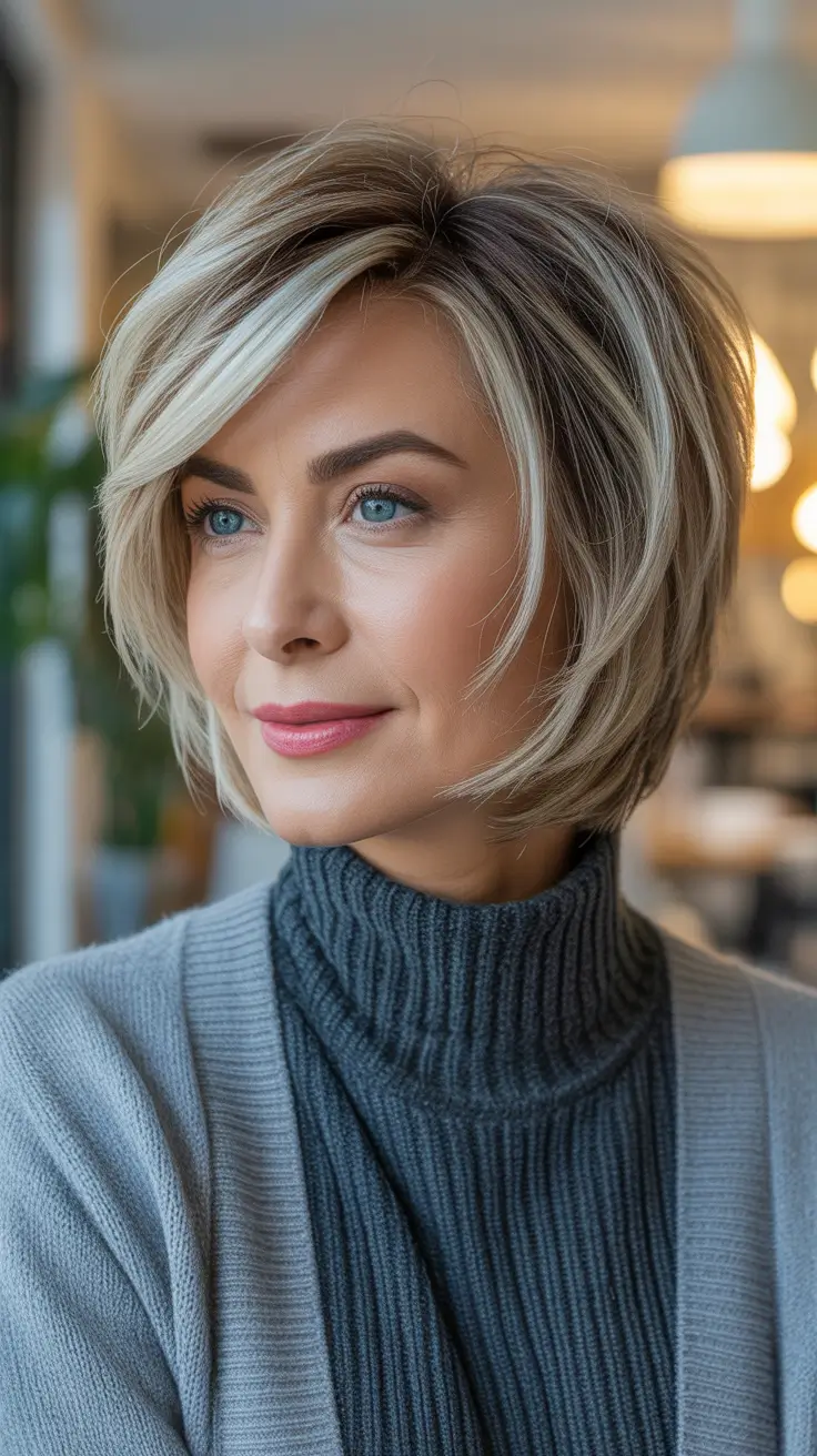 Hairstyles and Hair Colors for Women Over 50: Winter 2025–2026 - Shadow-Root Blonde Bob With Side Sweep