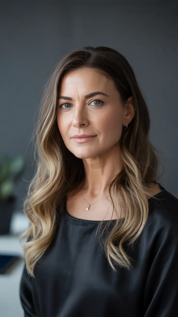 Hairstyles and Hair Colors for Women Over 50: Winter 2025–2026 - Mocha-Bronde Long Waves With Soft Money Piece