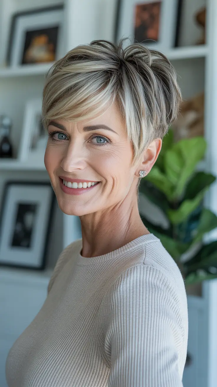 Hairstyles and Hair Colors for Women Over 50: Winter 2025–2026 - Feathered Pixie With Ash-Butter Lights