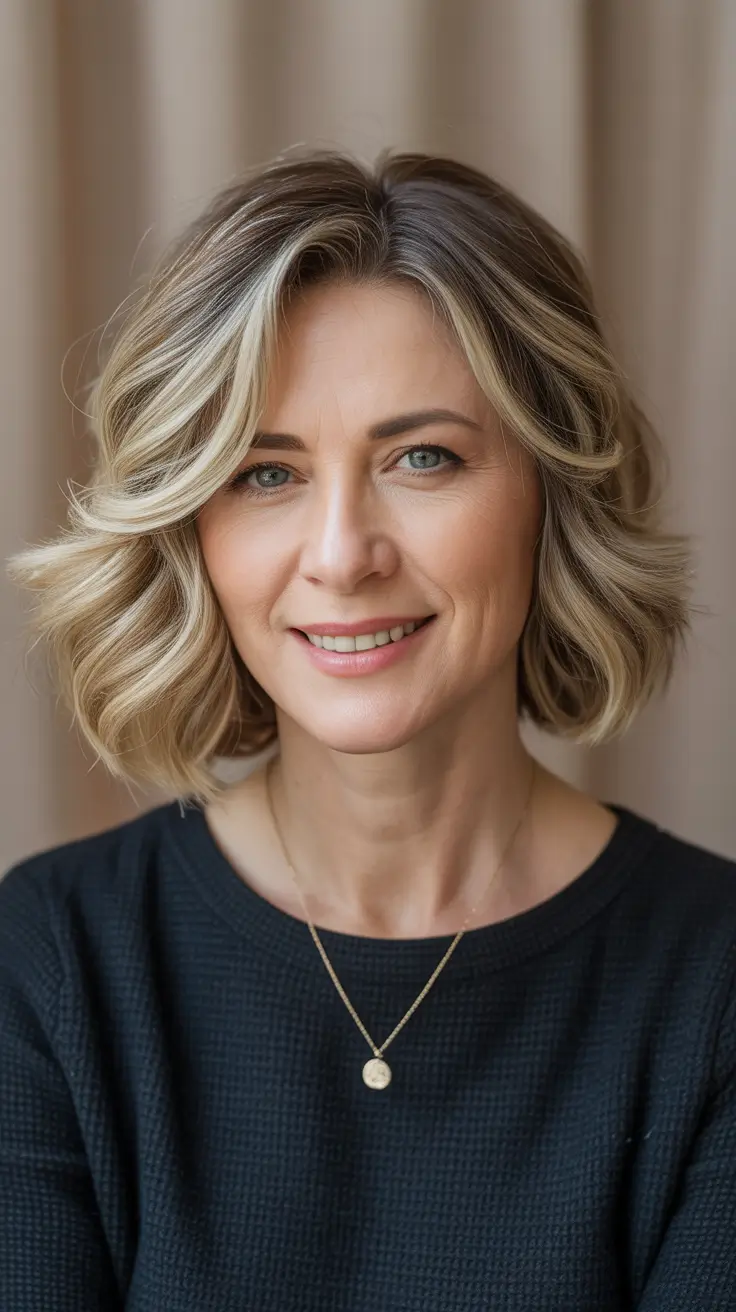 Hairstyles and Hair Colors for Women Over 50: Winter 2025–2026 - Champagne Wavy Bob With Shadow Root