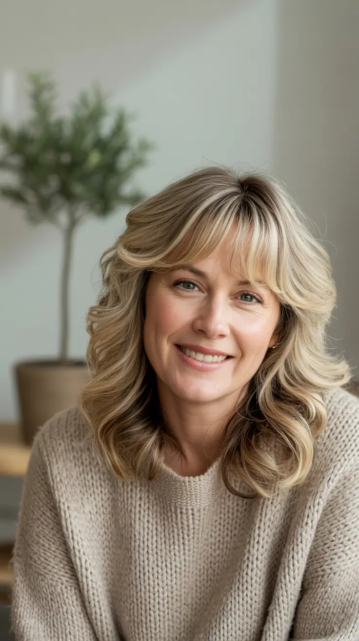 Hairstyles and Hair Colors for Women Over 50: Winter 2025–2026 - Mid-Length Waves With Curtain Bangs and Snowlit Blonde
