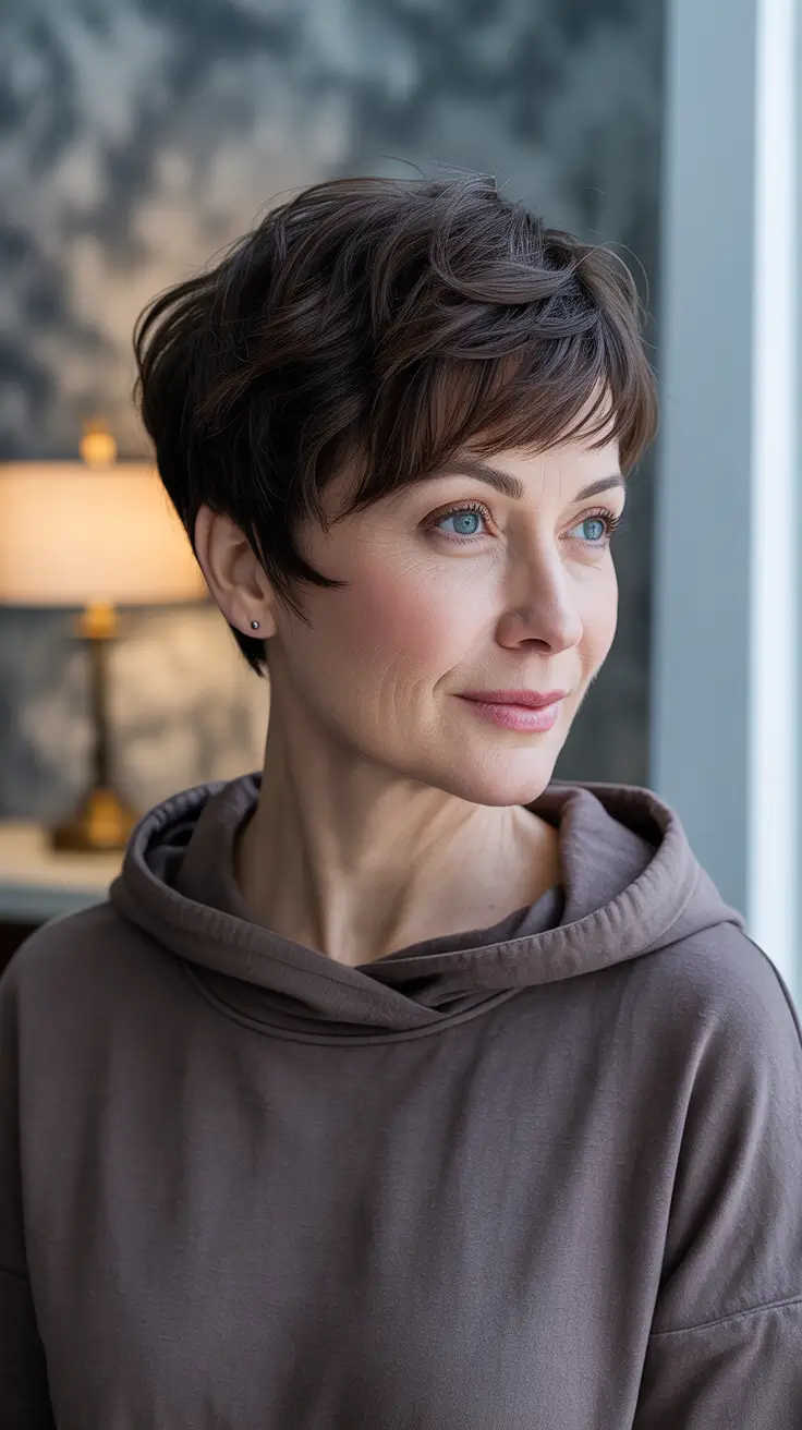 Hairstyles and Hair Colors for Women Over 50: Winter 2025–2026 - Tousled Cocoa Pixie With Whisper Bangs