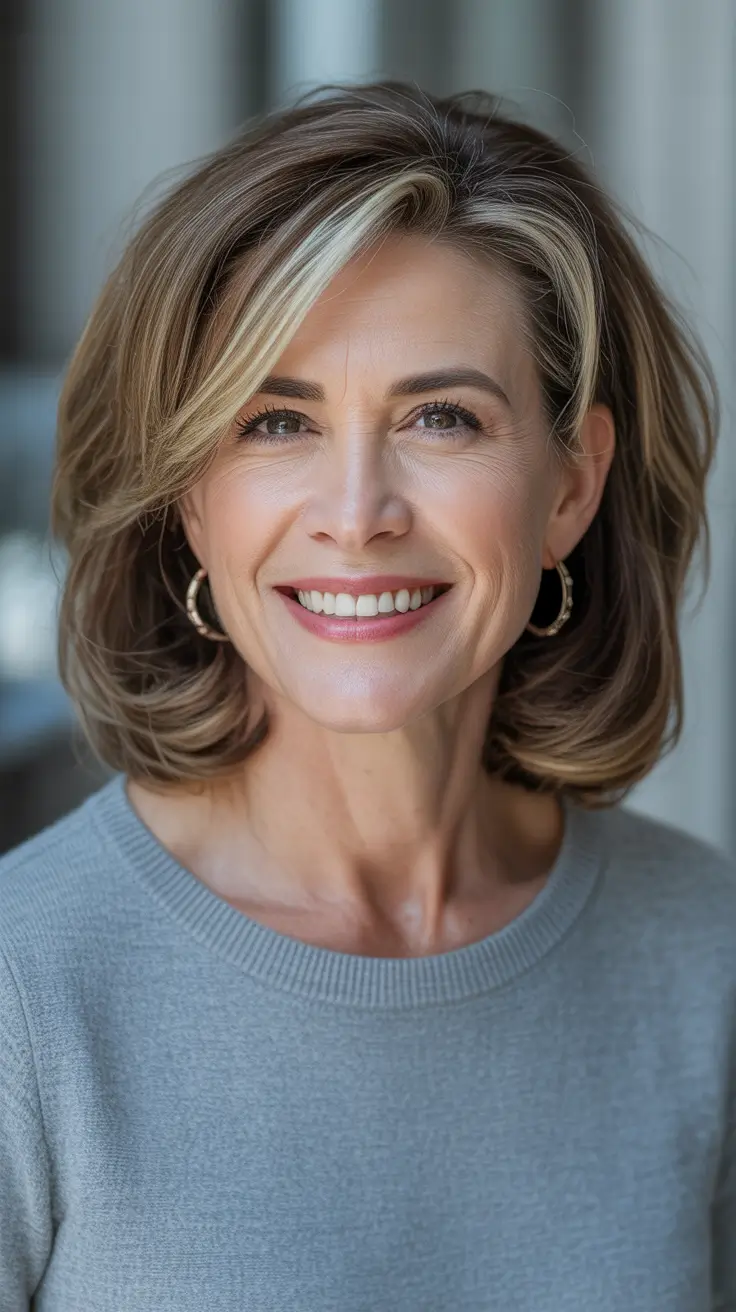 Hairstyles and Hair Colors for Women Over 50 Winter 2025-2026 - Honey-Blend Layered Bob With Face-Framing Lights
