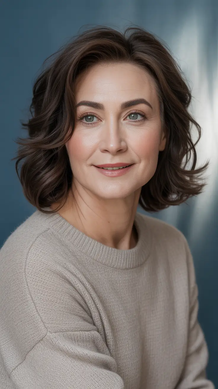 Hairstyles and Hair Colors for Women Over 50 Winter 2025-2026 - Soft Chocolate Lob With Airy Bend