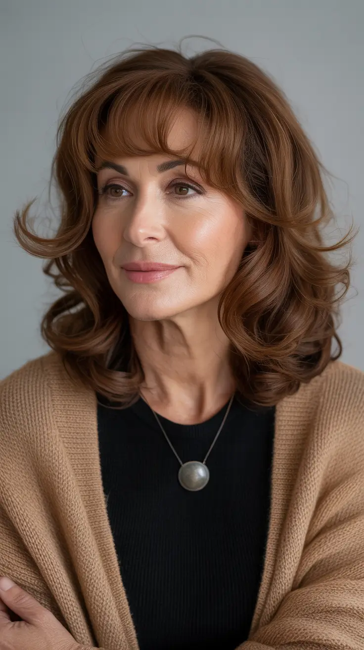 Hairstyles and Hair Colors for Women Over 50 Winter 2025-2026 - Warm Chestnut Layers With Soft Curtain Fringe