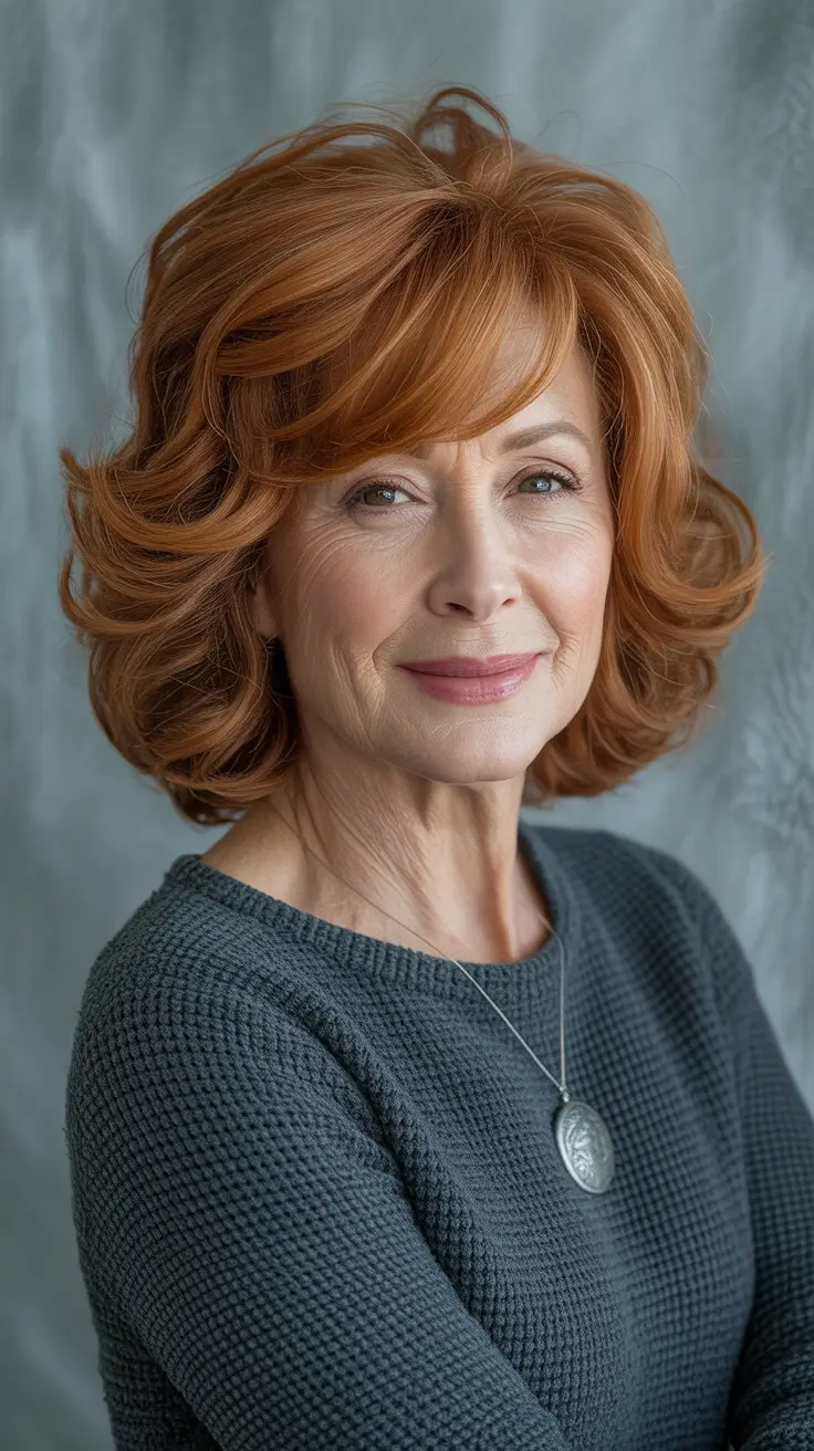 Hairstyles and Hair Colors for Women Over 60 Winter 2025-2026 - Ginger feathered bob with airy bangs