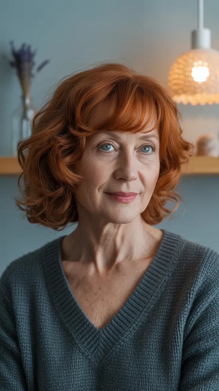 Hairstyles and Hair Colors for Women Over 60 Winter 2025–2026 - Copper Curly Bob With Swoopy Bangs