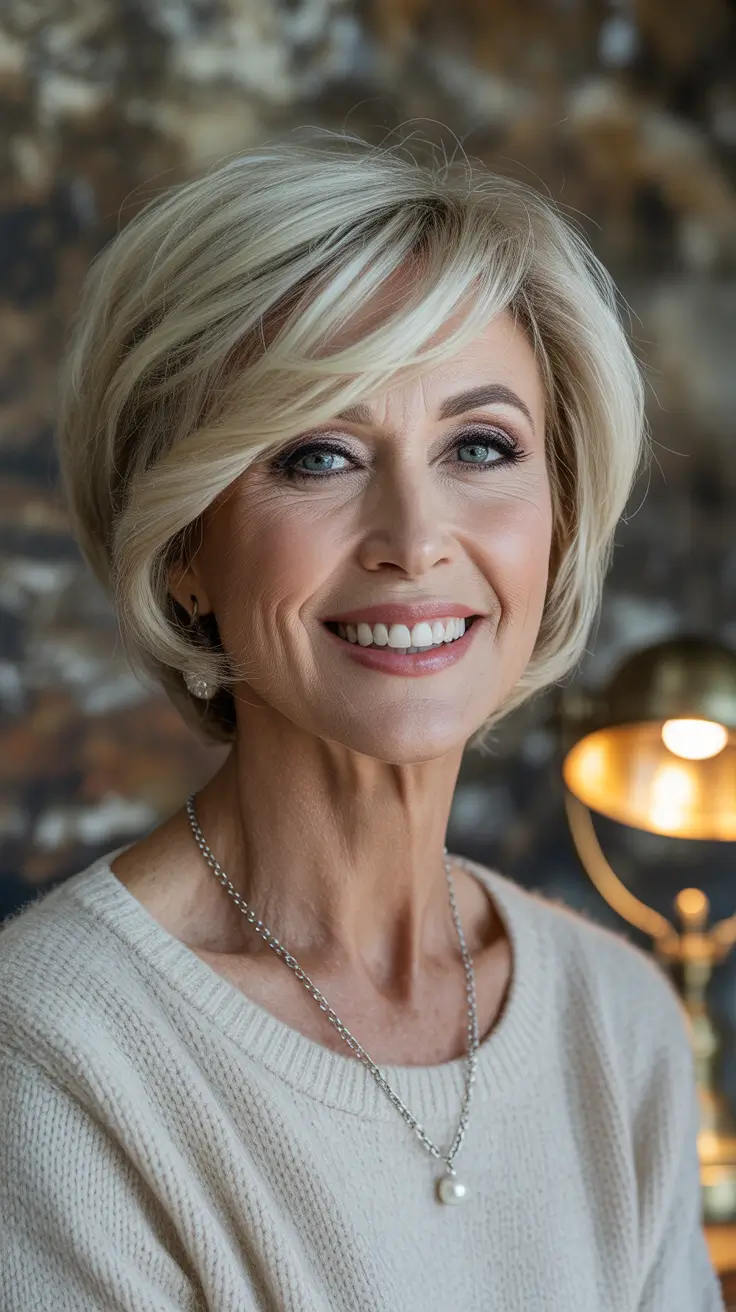 Hairstyles and Hair Colors for Women Over 60 Winter 2025-2026 - Pearl-blonde sculpted bob with side sweep