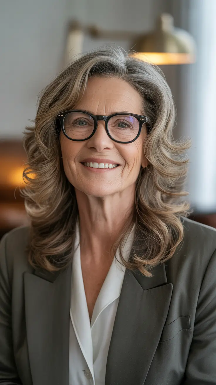 Hairstyles and Hair Colors for Women Over 60 Winter 2025-2026 - Salt-pepper cascade with soft blowout waves