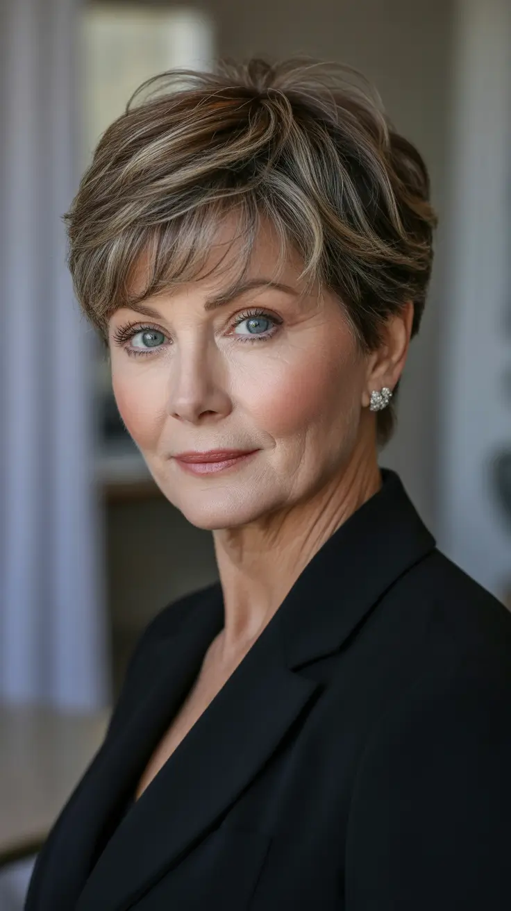 Hairstyles and Hair Colors for Women Over 60 Winter 2025–2026 - Textured Pixie With Ash-Bronde Ribbons