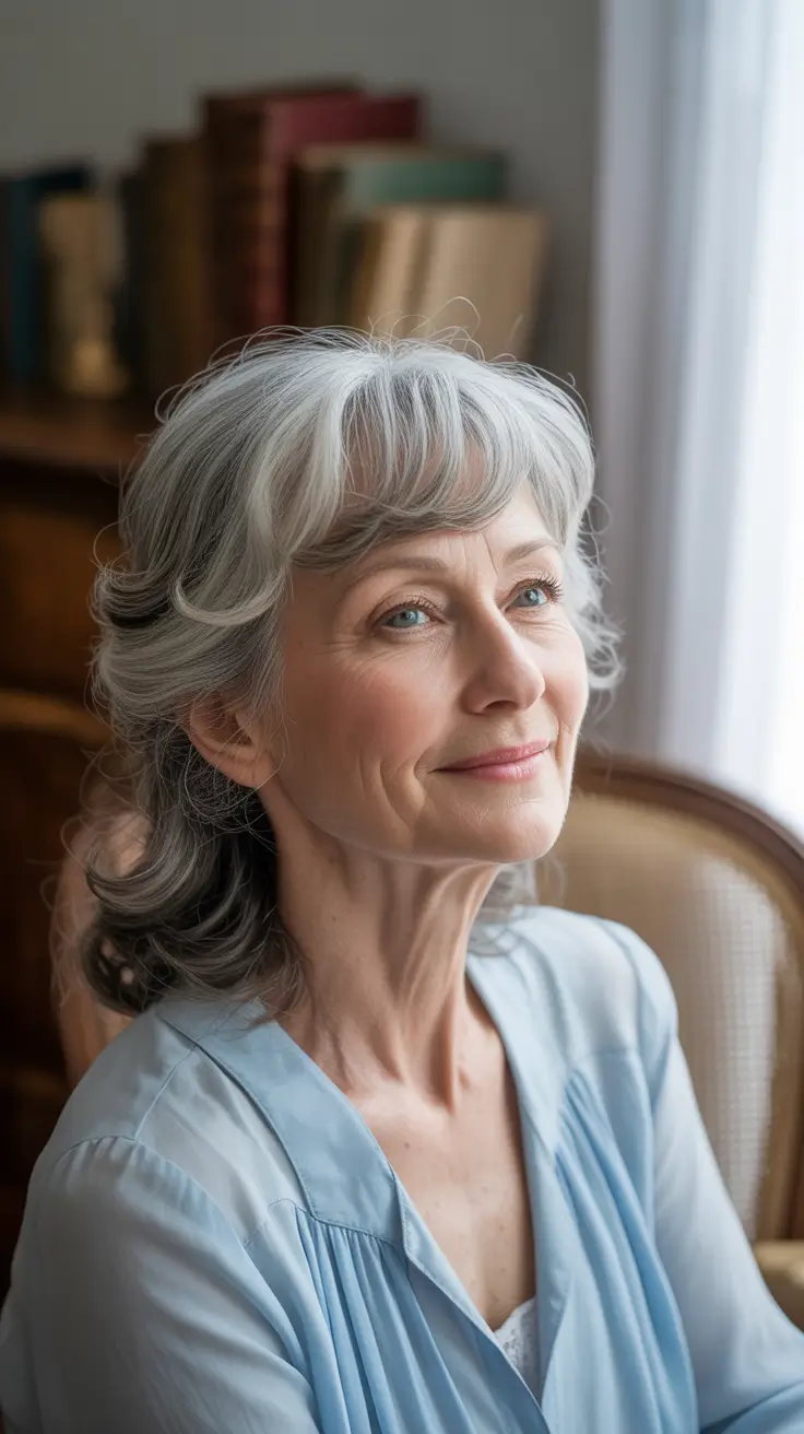 Hairstyles and Hair Colors for Women Over 60 Winter 2025–2026 - Soft-Wave Silver Cascade With Fringe