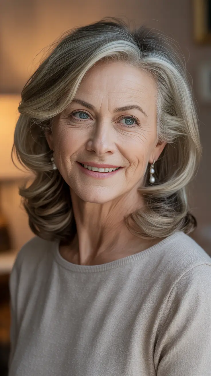Hairstyles and Hair Colors for Women Over 60 Winter 2025–2026 - Walnut Blowout With Vanilla Face-Lights