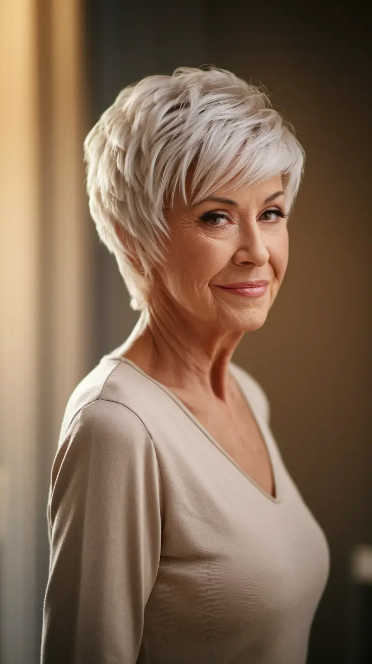 Hairstyles and Hair Colors for Women Over 60 Winter 2025–2026 - Feathered Snow Pixie With Side Fringe