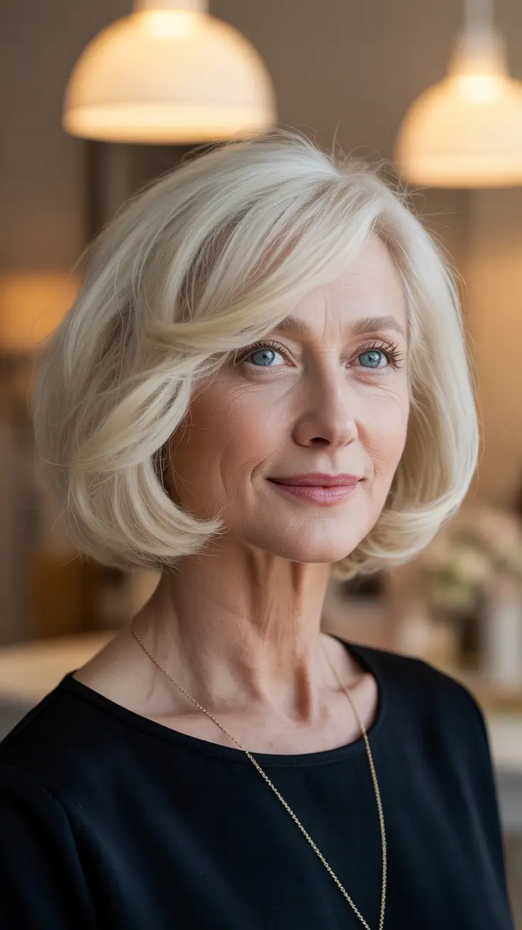 Hairstyles and Hair Colors for Women Over 60 Winter 2025–2026 - Icy Classic Bob With Side Sweep