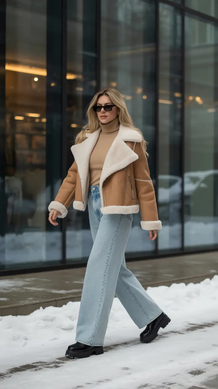 Trendy Winter Outfit Ideas 2025–2026 - Shearling Aviator With Light Denim Glow