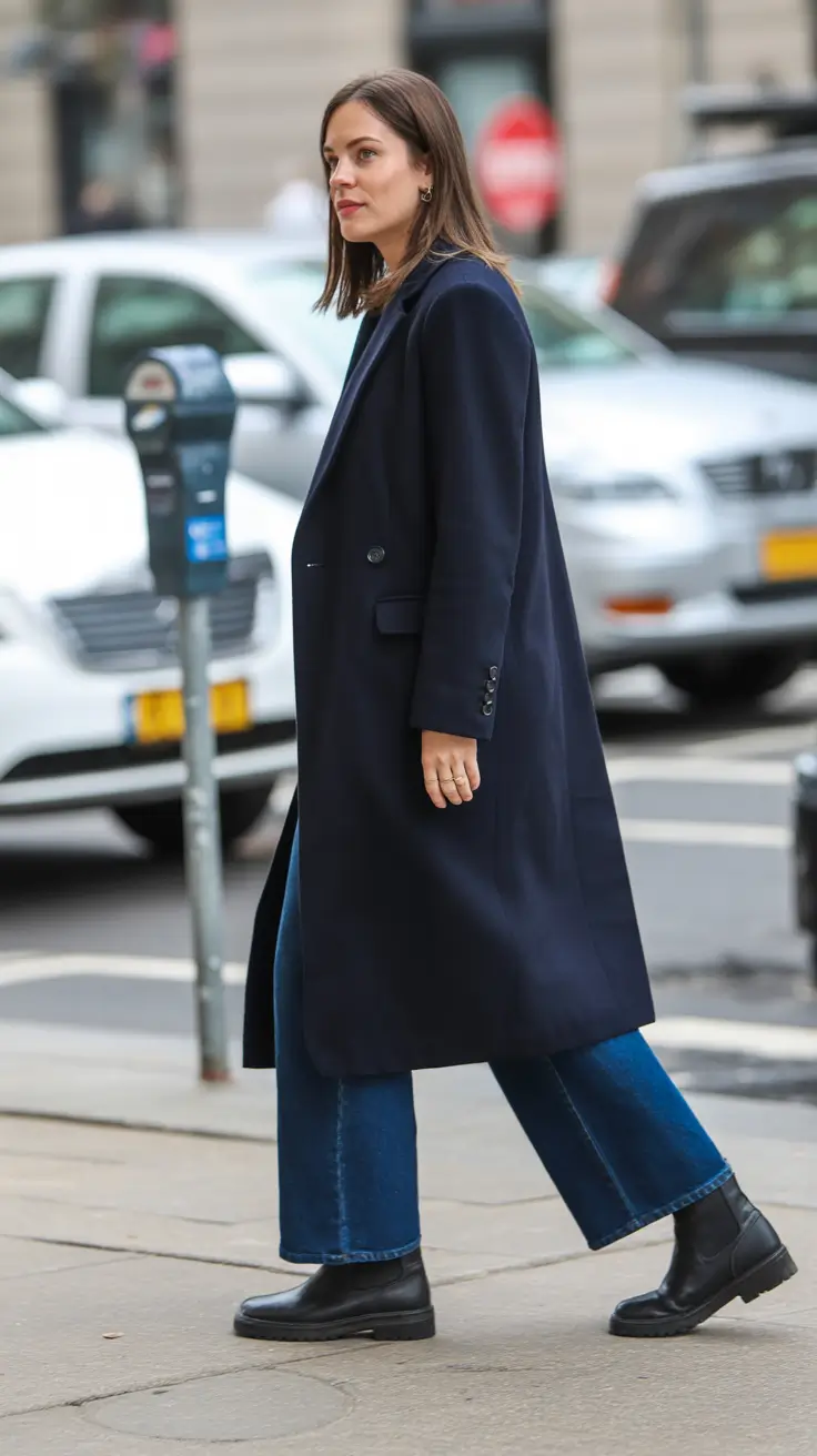 Trendy Winter Outfit Ideas 2025–2026 - Navy Coat + Straight Jeans - Classic City Pace