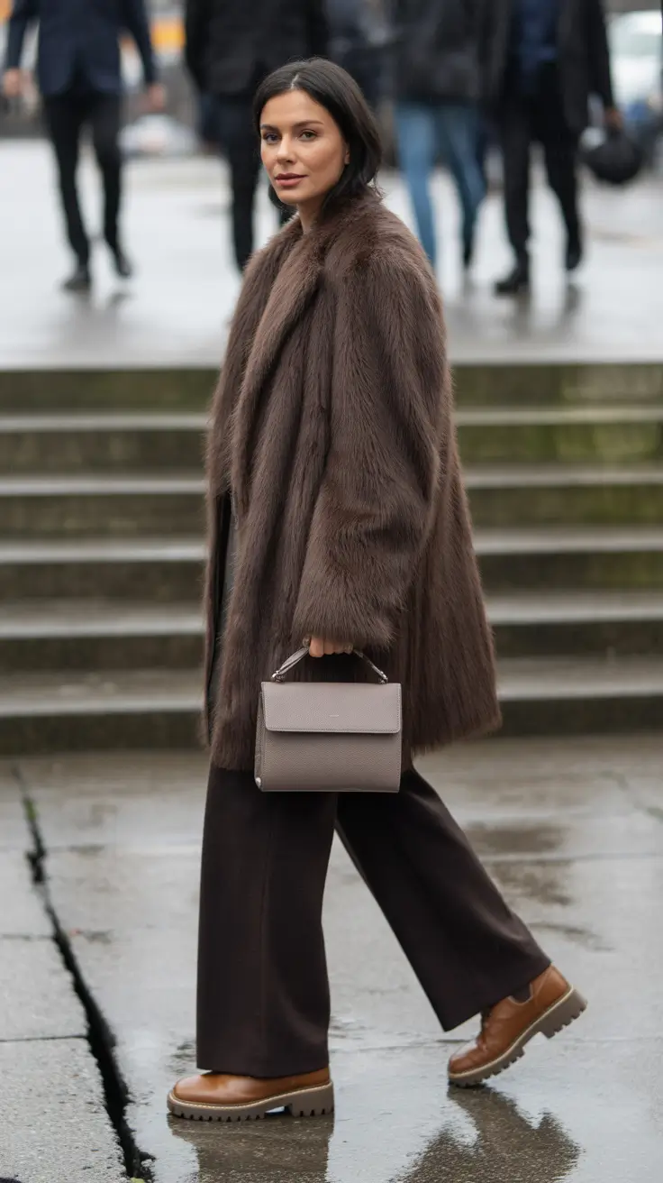 Trendy Winter Outfit Ideas 2025–2026 - Chocolate Faux Fur - Rainy-Day Soft Power