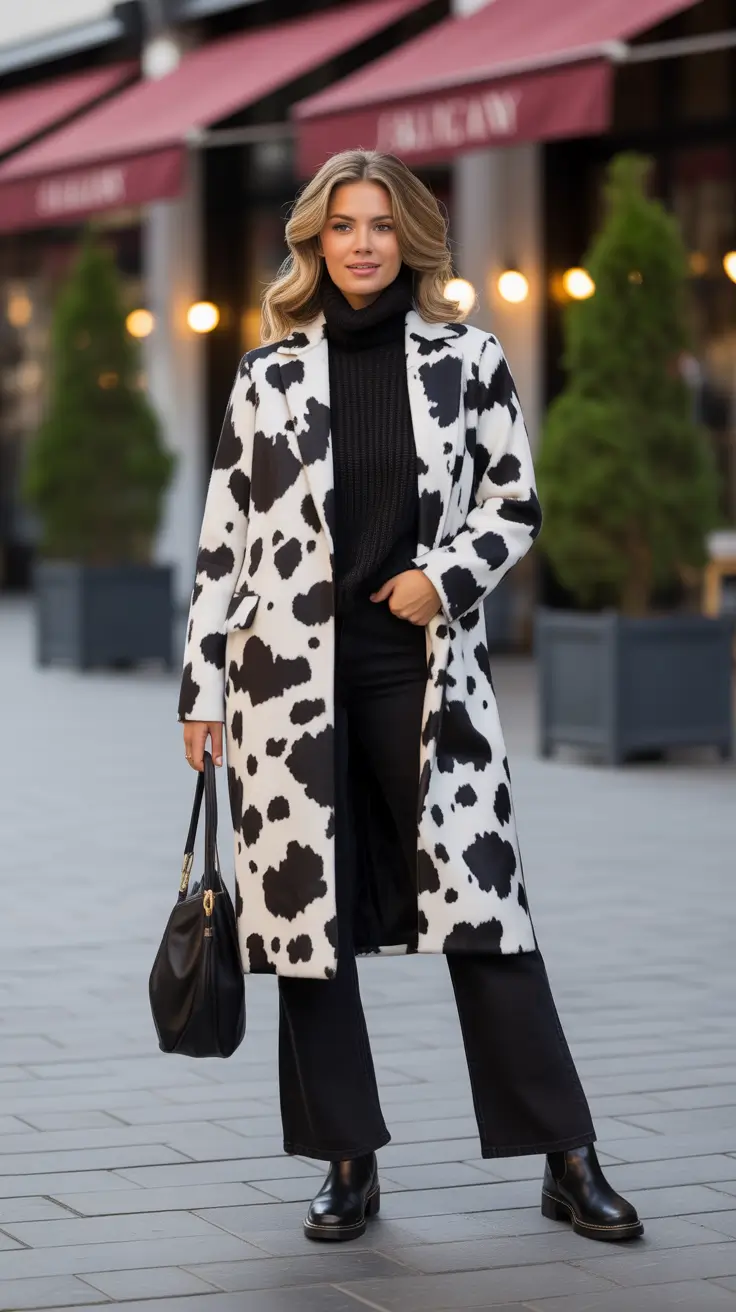 Trendy Winter Outfit Ideas 2025–2026 - Graphic Black and White - Print Coat, Minimal Base