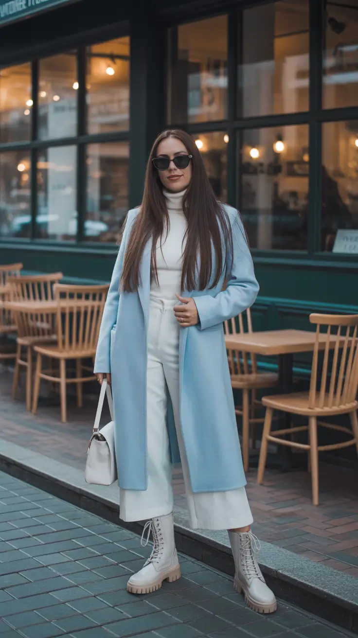 Trendy Winter Outfit Ideas 2025–2026 - Powder Blue Coat With Winter Whites - Frosty Luxe