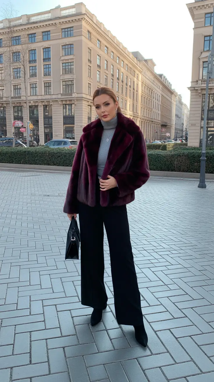 Trendy Winter Outfit Ideas 2025–2026 - Plum Short Fur + Tailored Black - Evening Warmth