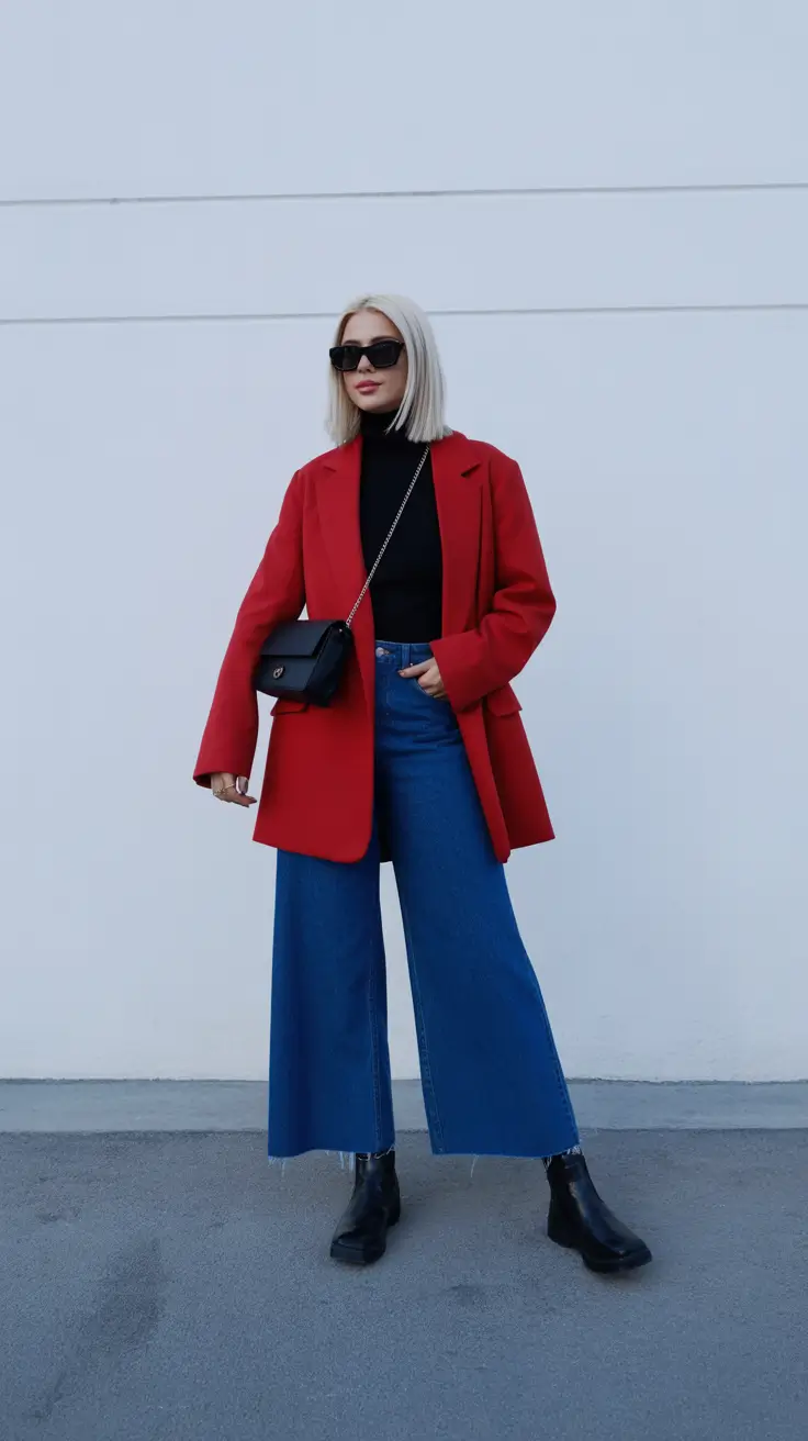Trendy Winter Outfit Ideas 2025–2026 - Red Blazer Pop With Cropped Denim