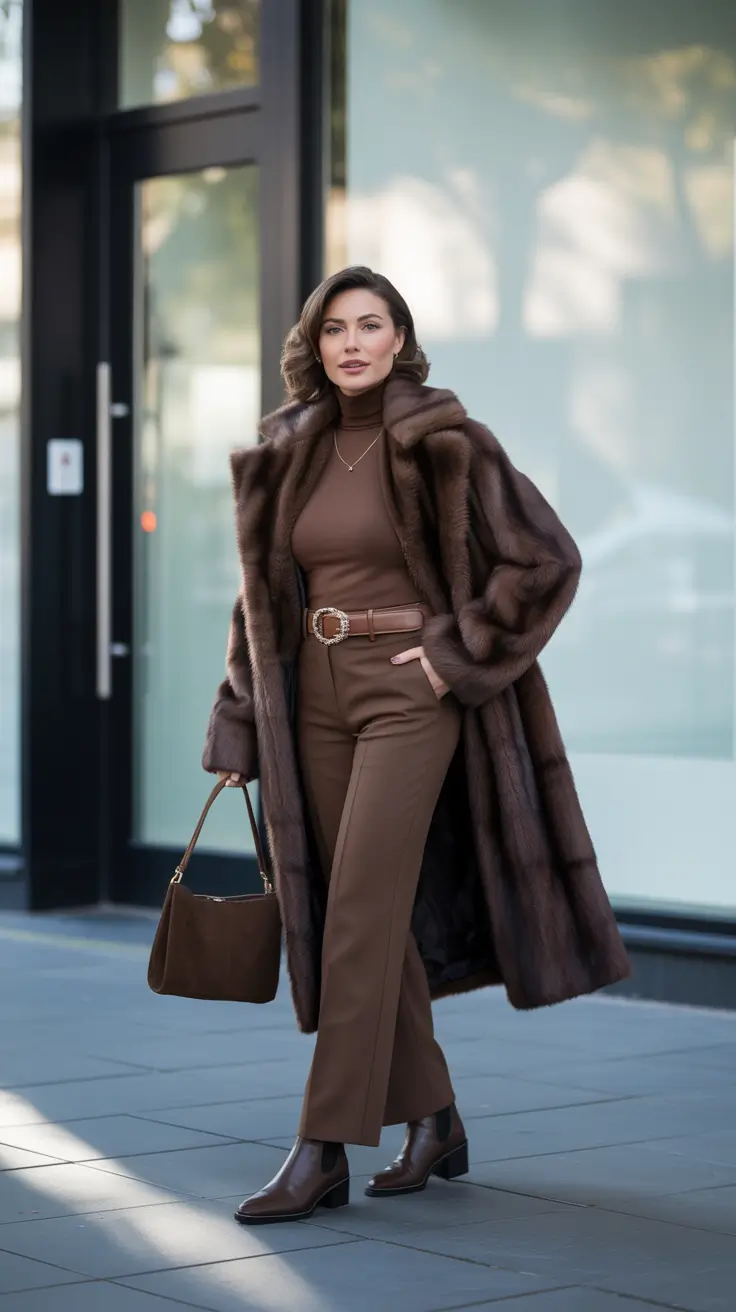 Trendy Winter Outfit Ideas 2025–2026 - Tonal Chocolate Column With Heritage Flair