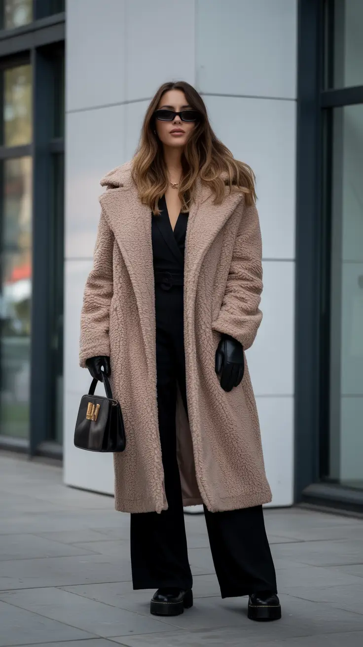 Trendy Winter Outfit Ideas 2025–2026 - Teddy Maxi Over Tailored Black