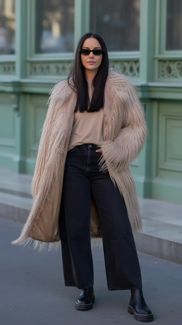 Trendy Winter Outfit Ideas 2025–2026 - Shaggy Neutral Statement With Black Denim