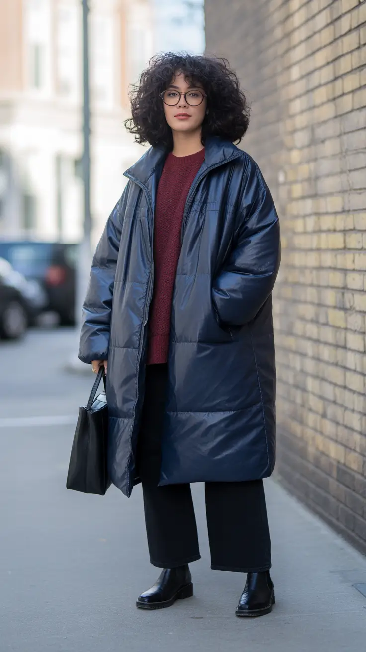 Trendy Winter Outfit Ideas 2025–2026 - Navy Cocoon Puffer With Burgundy Knit