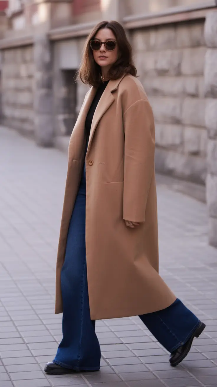 Trendy Winter Outfit Ideas 2025–2026 - Camel Coat and Flared Denim Classic