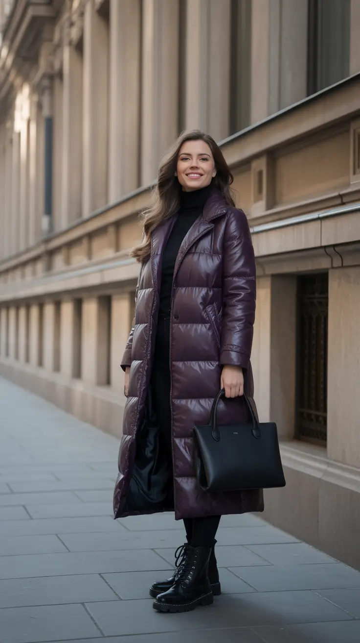 Trendy Winter Outfit Ideas 2025–2026 - Plum Puffer - Practical Shine, City Pace