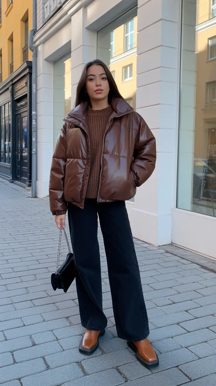 Trendy Winter Outfit Ideas 2025–2026 - Warm Cocoa Puffer With Wide-Leg Ease