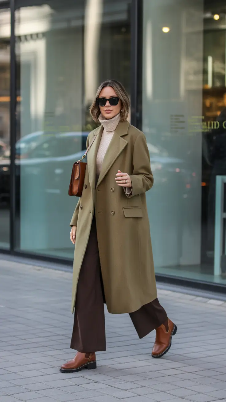 Trendy Winter Outfit Ideas 2025–2026 - Olive Coat + Chocolate Trousers Power Pairing