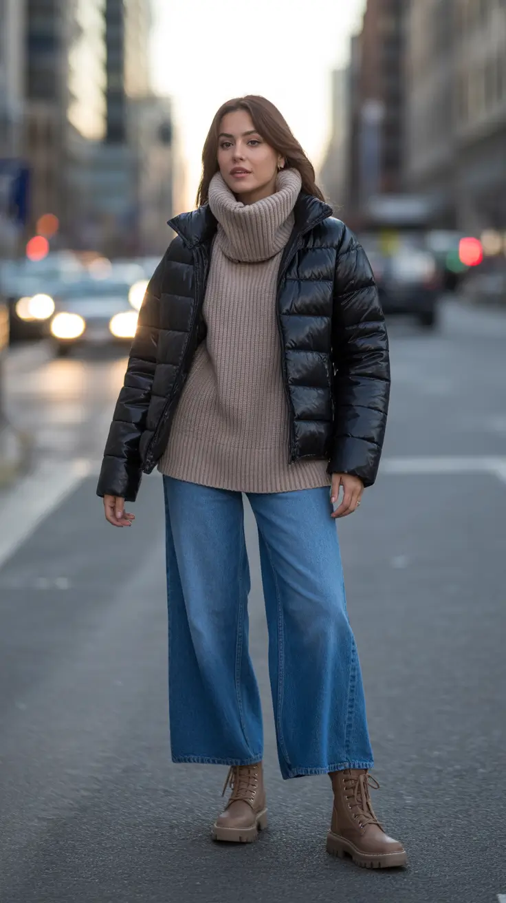 Trendy Winter Outfit Ideas 2025–2026 - Puffer + Chunky Knit + Cropped Denim Rhythm