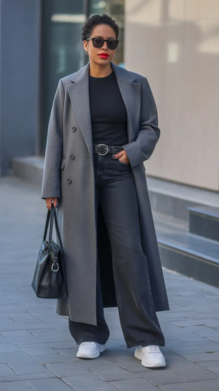 Charcoal Maxi Coat And Wide-Leg Denim Finished Look
