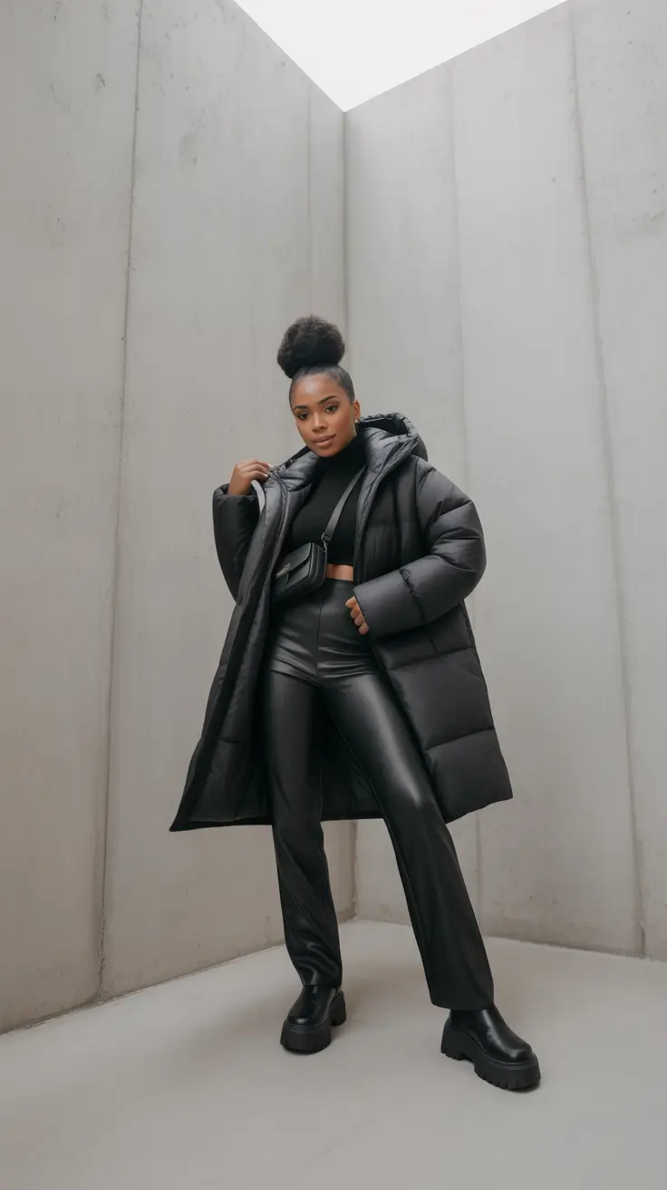 Black Girl Winter Outfits 2025–2026 - All-Black Puffer With Faux Leather Power