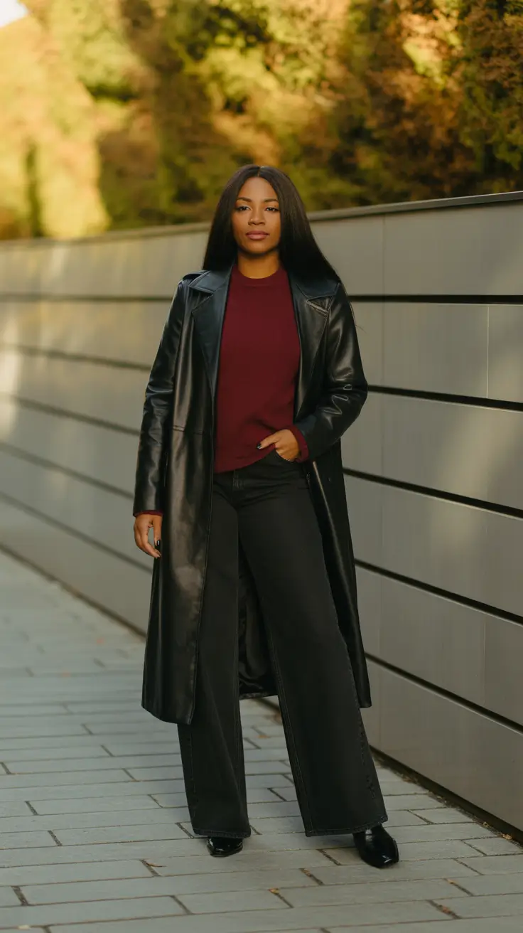 Black Girl Winter Outfits 2025–2026 - Long Leather Coat With Merlot Knit