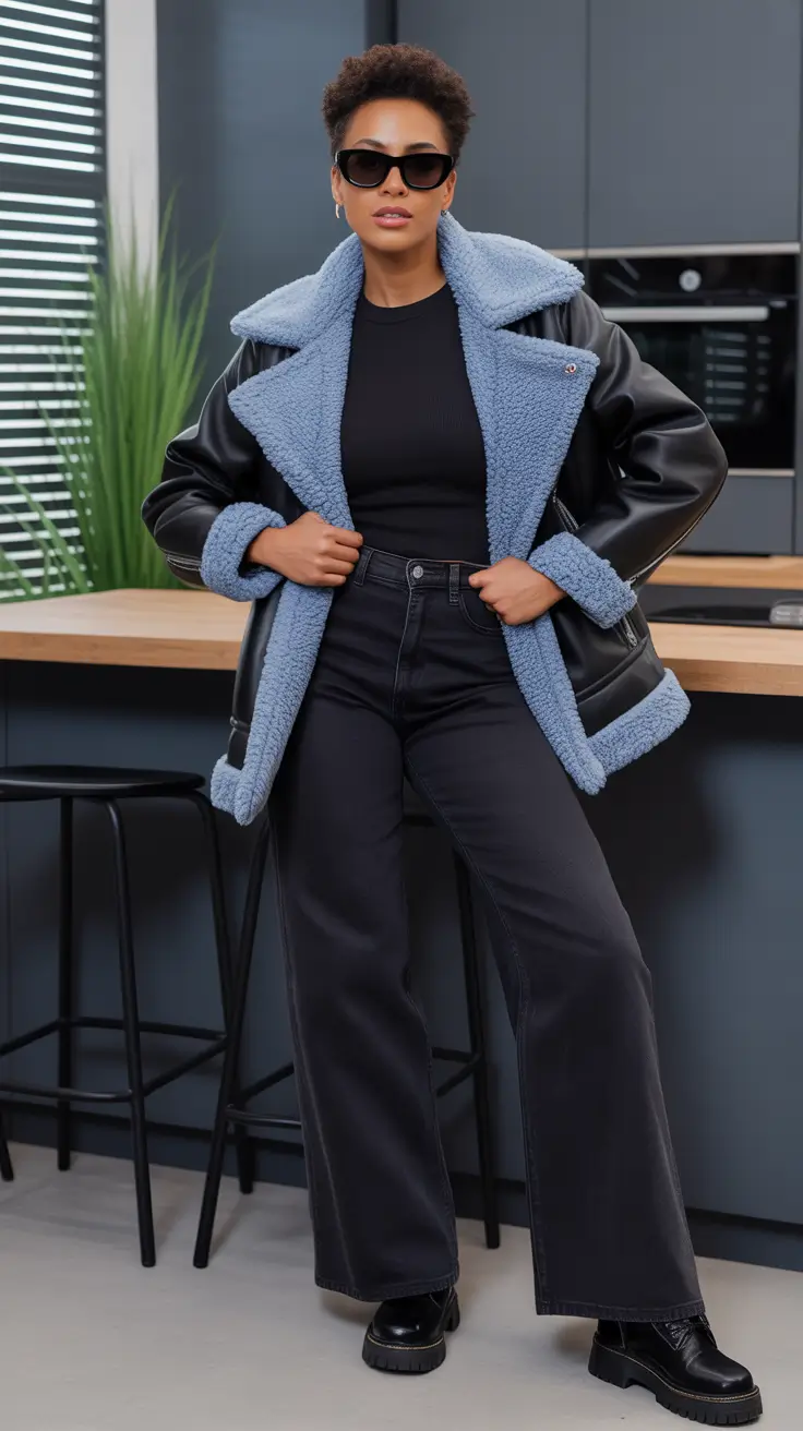 Black Girl Winter Outfits 2025–2026 - Blue Teddy Aviator And Ink Denim