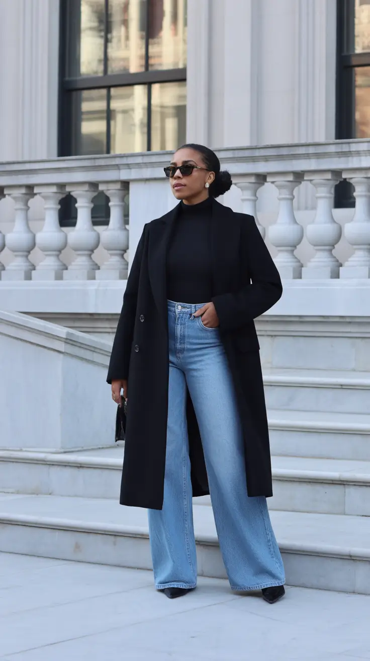 Black Girl Winter Outfits 2025–2026 - Tailored Black Coat With Wide-Leg Denim