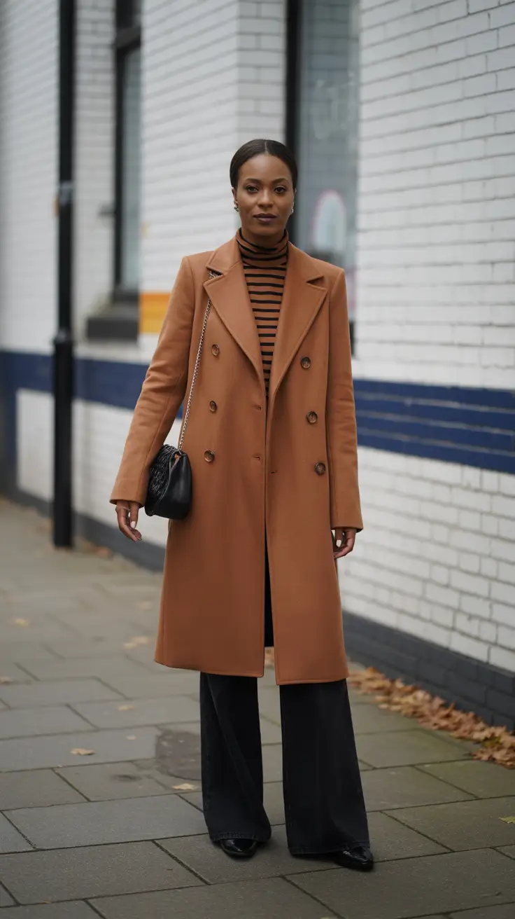 Black Girl Winter Outfits 2025–2026 - Camel Coat With Striped Turtleneck And Fluid Trousers