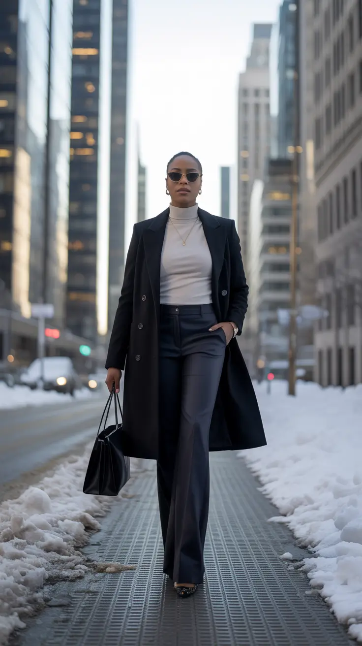 Black Girl Winter Outfits 2025–2026 - Monochrome Noir With Crisp White Turtleneck