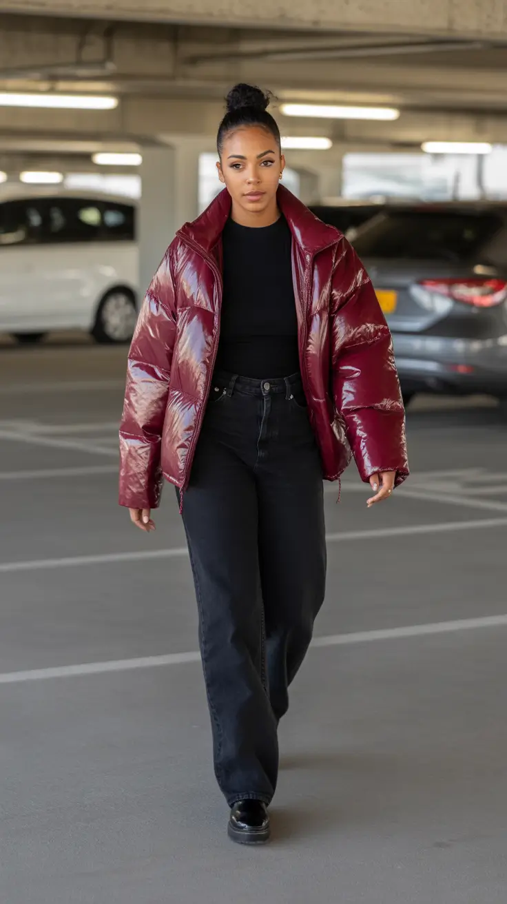Black Girl Winter Outfits 2025-2026 - Glossy Burgundy Puffer With Sleek Denim