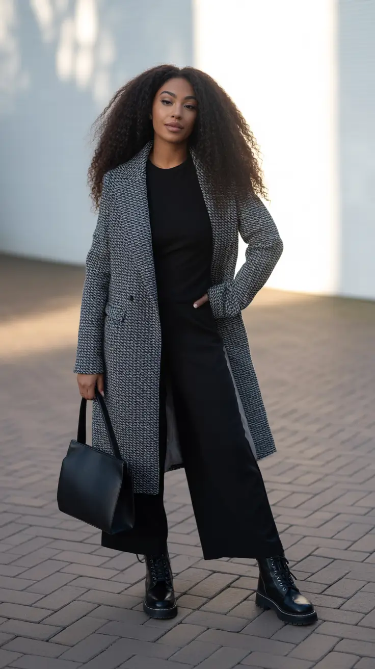 Black Girl Winter Outfits 2025–2026 - Micro-Houndstooth Coat With Combat Boots