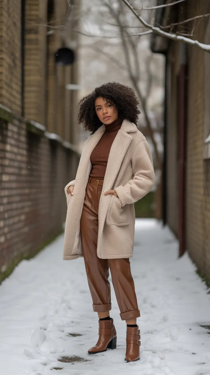 Black Girl Winter Outfits 2025–2026 - Teddy Coat And Caramel Leather Mix