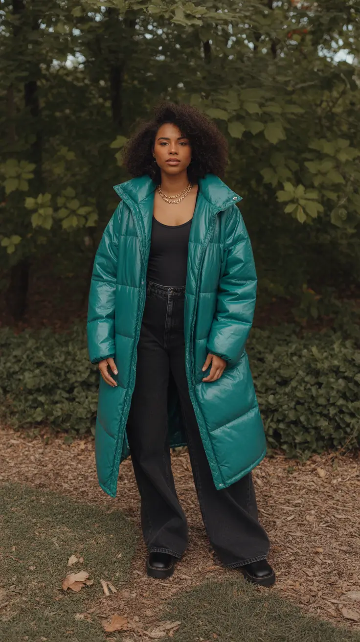 Black Girl Winter Outfits 2025-2026 - Teal Longline Puffer And Chunky Boots