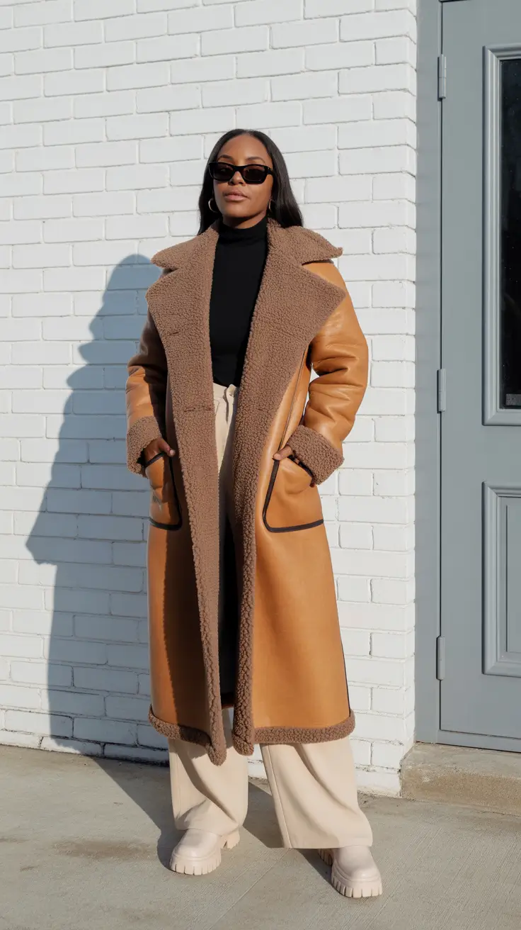 Black Girl Winter Outfits 2025-2026 - Camel Shearling With Cream Wide Legs
