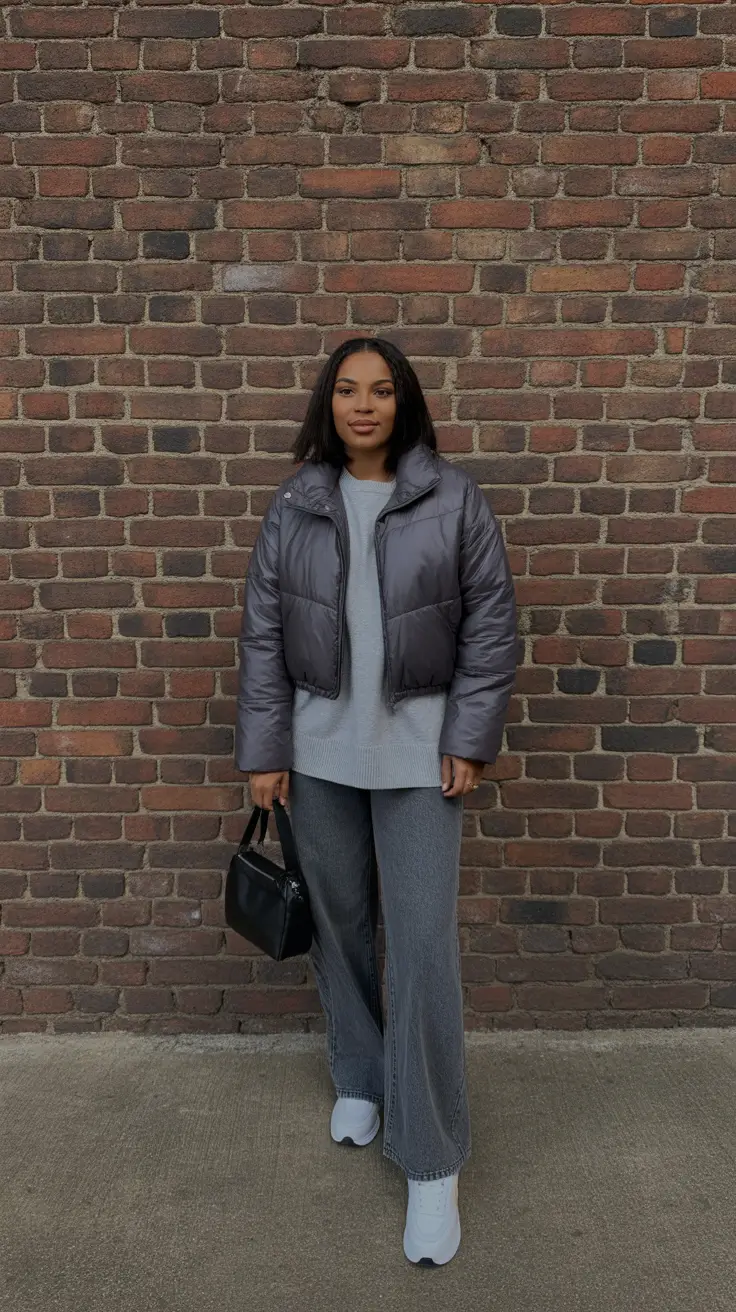 Black Girl Winter Outfits 2025-2026 - All-Grey Puff And Knit With Clean Sneakers