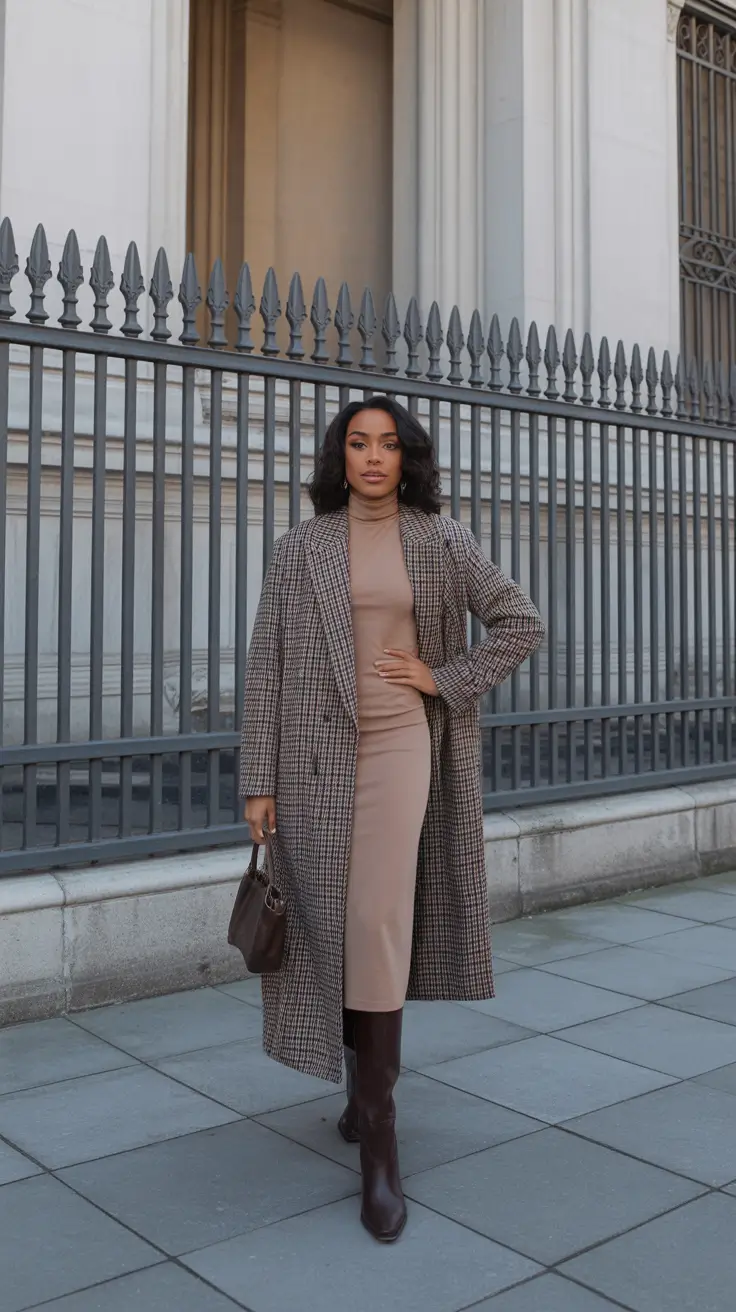 Check Coat With Taupe Column - Quiet Luxury Mood