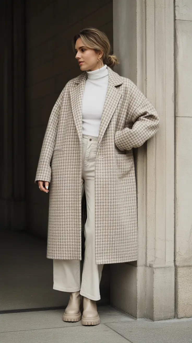 New Outfit Inspiration for Winter 2025 - 2026 - Soft Neutrals With a Houndstooth Power Coat
